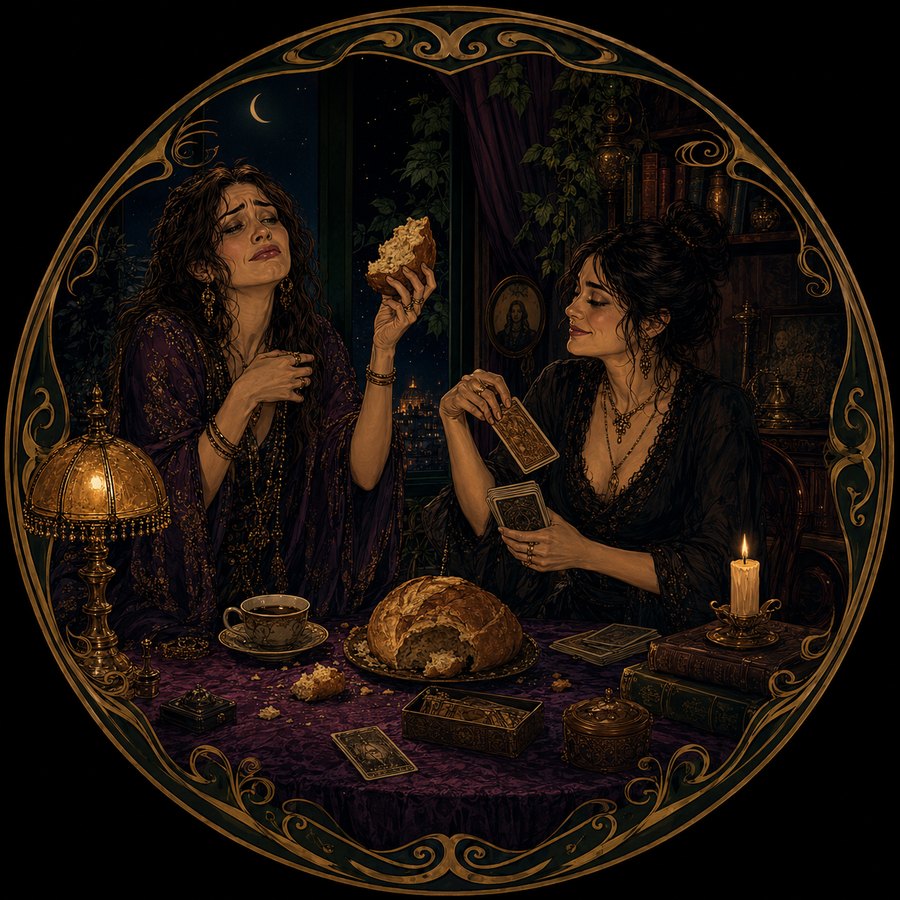 Valentina leyendo las cartas en su gabinete, junto a Camila, a la luz de una vela