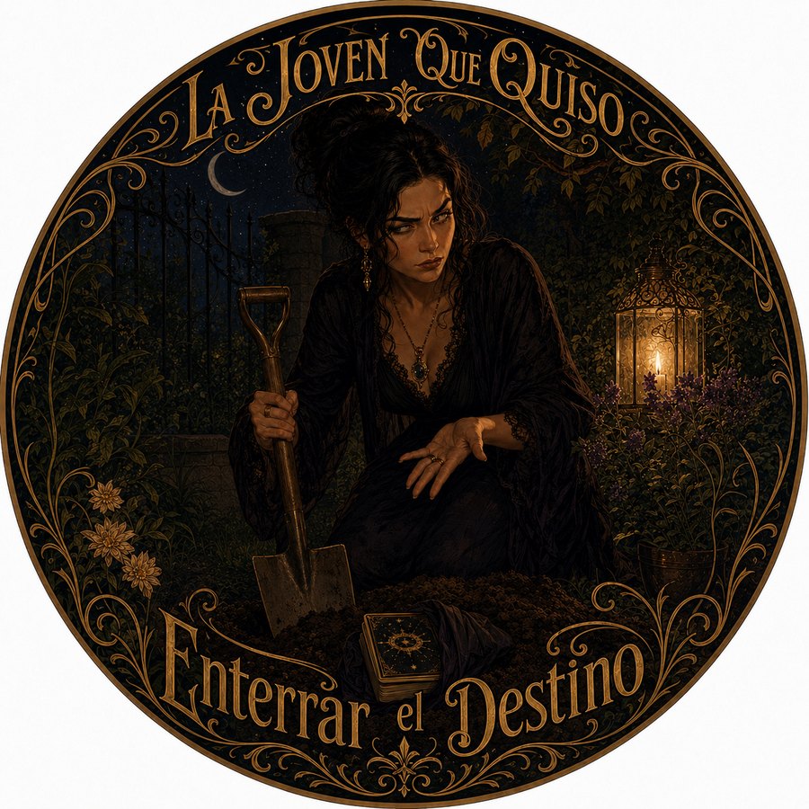 Valentina enterrando su baraja de tarot en el jardín, bajo la luna creciente